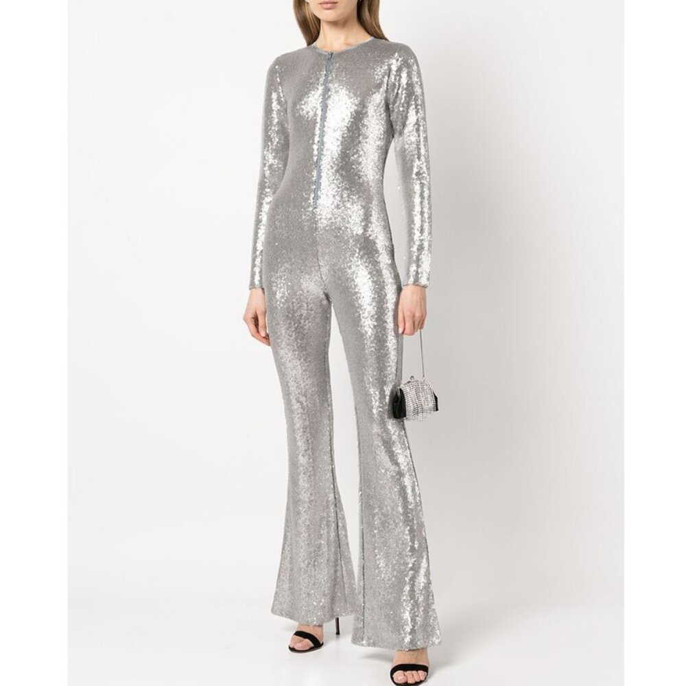 πͺ©π70s GLAM DISCO ERAππͺ© Cynthia Rowley Sequin Flared Jumpsuit in Silver - Picture 3 of 16